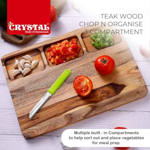 Image of Crystal Teak Wood Chopping Board with 3 Compartments | Chop & Organise | Perfect for Vegetables, Fruits & Bread | Large (35 * 25 * 1.8 Cm) | Handcrafted & Eco-Friendly Reversible Cutting Board