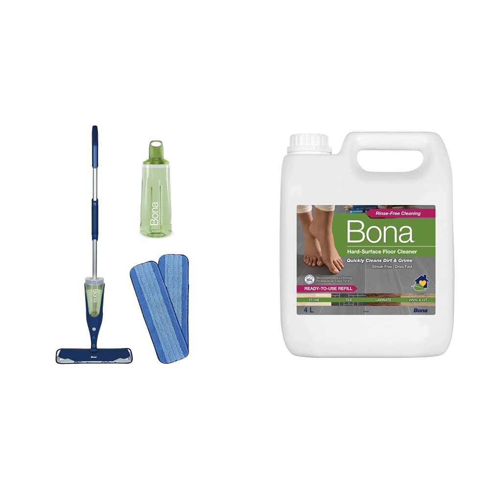 Bona Premium Spray Mop Set mit 850 ml Kartusche für Hartböden und extra Bona Mikrofaser-Pad & Stein-, Fliesen- und Laminatreiniger Nachfüllkanister 4 L, Bodenpflege für Hartböden