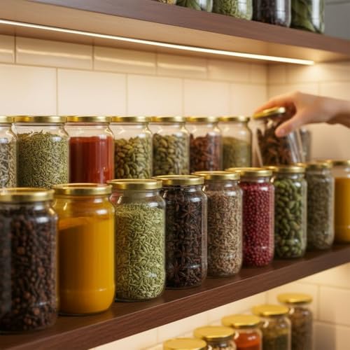 Image of STAR WORK 1000 Milliliter Glass Jar With Air Tight Gold Lid For Kitchen Dried Masla Storage Jar,Honey Jar,Jar And Container,Spice Masala Jar,Glass,Visible Glass Jar For Kitchen Storage Set Of (2)