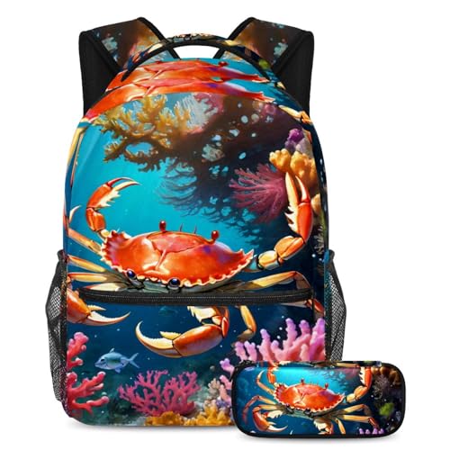 Sac à dos 2 pièces motif crabe mignon avec pochette de rangement assortie