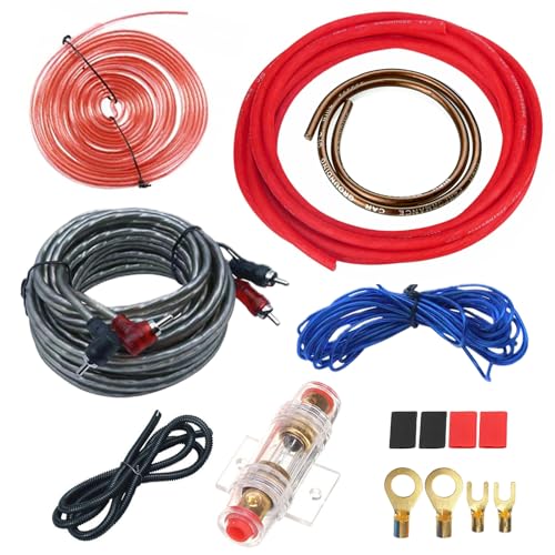 PORFOYO 4GA, set di cavi amplificatori per auto, 5 metri, set di cavi per amplificazione di uscita, cavo per subwoofer, cavo audio per auto con cavo RCA, portafusibili, capicorda forcella per
