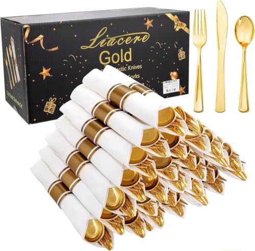 Liacere 100Pack Pre Rolled Gold Silverware and Napkin-Disposable Gold Plastic Utensils-Wrapped Plastic Cutlery Set with Napkin:100 Forks 100 Knives 100 Spoons 100 Napkins for Wedding & Party