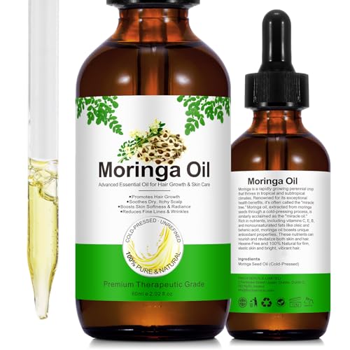 Organic Moringa Oil - Cold-Pressed, Unrefined for Hair Growth & Skin Radiance, Soothes Scalp, Reduces Wrinkles, 2 Fl Oz Glass Bottle
