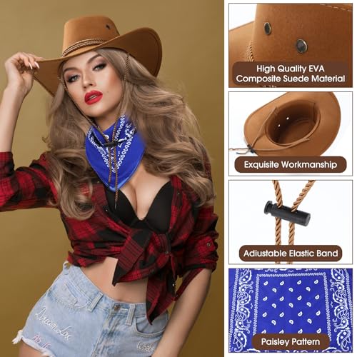 Image of Coume 15 Set Western Cowboy Hat Costume Accessories Paisley Bandanna Cowgirl Hats Bulk for Adult Women Men Dress Party