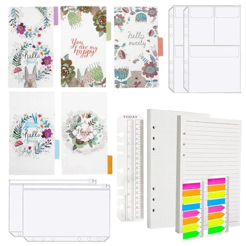 SRunDe A5 Karierte Nachfüllpapier Set A5 Ordner 6 Ringe Zubehör 2 x 45 Blätter / 90 Seiten 2 x Farbige Haftnotizen 5 x Farbige Trennblätter 4 x Umschlägbeutel 1 x 20 cm Lineal für Notizbuch