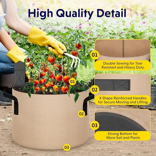 Image of iPower 5 Pack 25 Gallon Tan Grow Bags, Garden Planting Nonwoven Fabric Pots with Reinforced Handle, Heavy Duty and Aeration Planter Pot for Tomato, Fruits, Vegetables and Flowers