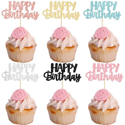 Gyufise 24Pcs Happy Birthday Cupcake Toppers Glitter Birthday Cup...