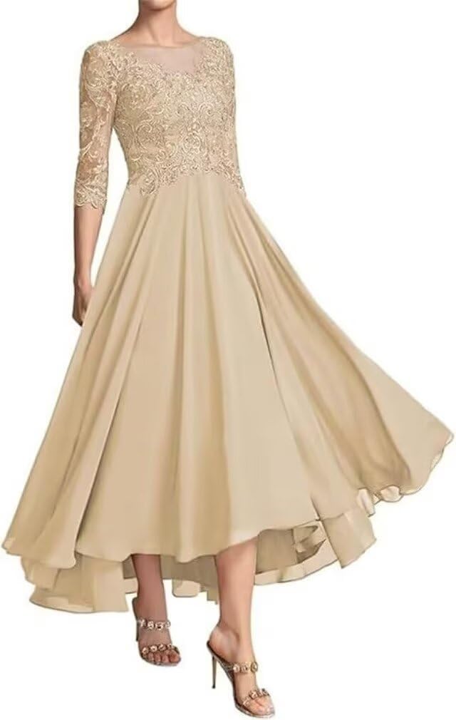 Mother of The Bride Dresses for Women Tea Length Lace Appliques 3/4 Sleeves Chiffon Formal Party Evening Gowns