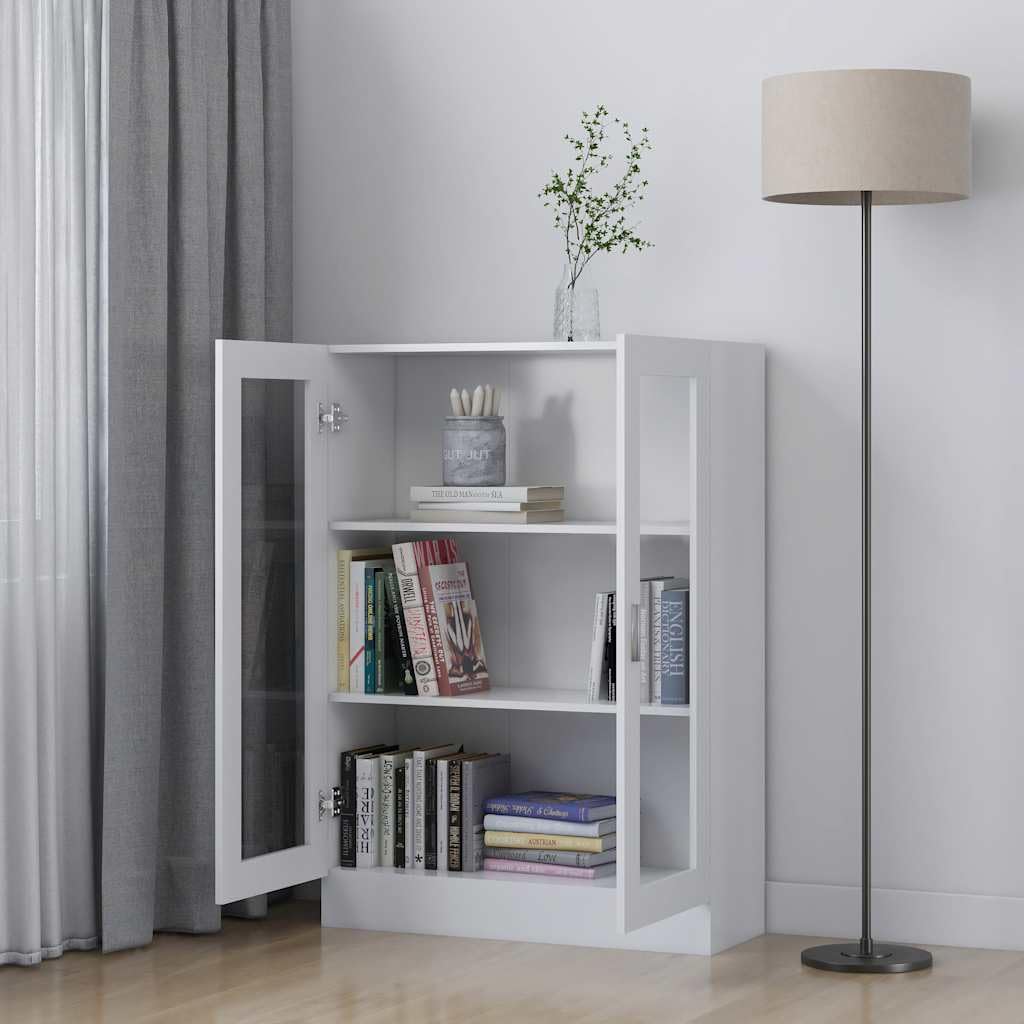 Vitrinenschrank Weiß 82,5x30,5x115 cm aus Holzwerkstoff mit 3 Fächern und 2 Türen, dekoratives Bücherregal für Bücher, DVDs und Multimedia-Geräte, pflegeleicht mit feuchtem Tuch