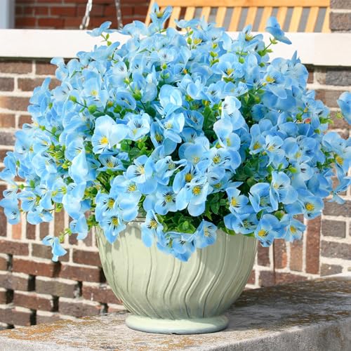 Artificial Flowers for Outdoor, UV Resistant Fake Silk Pansies Flowers, Realistic Faux Plants for Outside Indoor Porch Patio Window Box Planter Home Decor (16, Blue A)