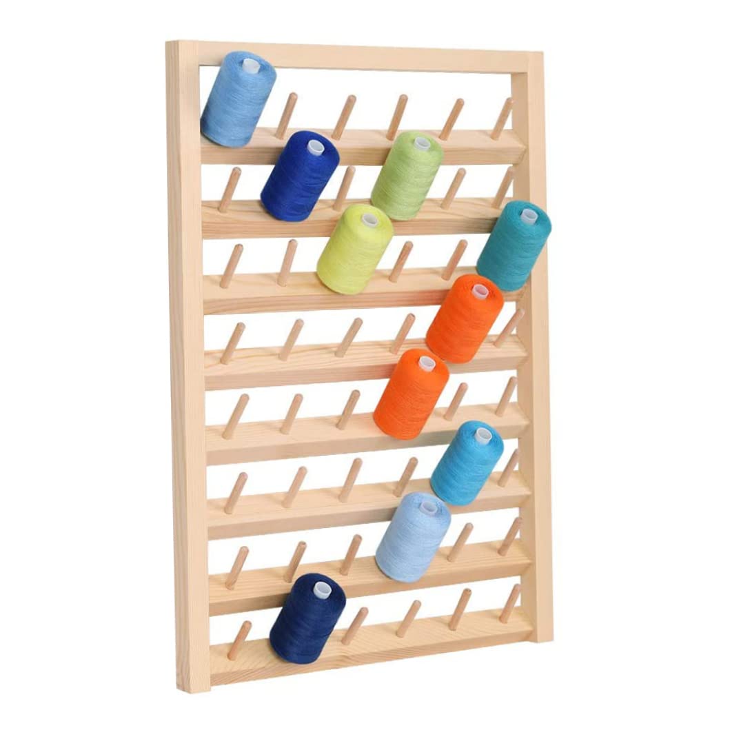 Thread Rack Portacarretes de hilo de coser montado en la pared para 48 carretes con ganchos para colgar Organizador de madera para acolchar bordado