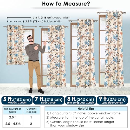 Image of Story@Home Window Curtains 5 Feet Long Set of 1 | Floral Printed | Semi Transparent Curtain | Net Curtains | Sheer Curtain for Living Room | (118 X 152 Cm, Cream & Blue) | Perfect for Home Decor