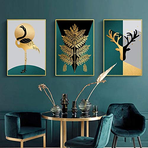 Cuadro de ciervo abstracto en lienzo verde oscuro con grulla y hojas para decoración de pared