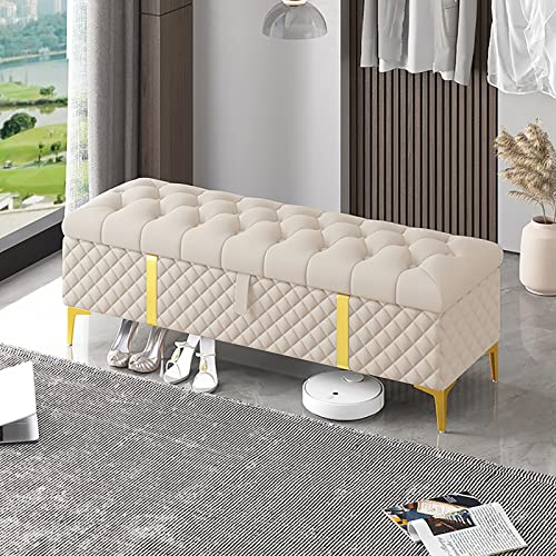 Lujoso banco de almacenamiento tapizado de cuero para dormitorio, baúl de almacenamiento al final de la cama, elegante asiento de almacenamiento beige, 100 x 40 x 45 cm, perfecto para nization