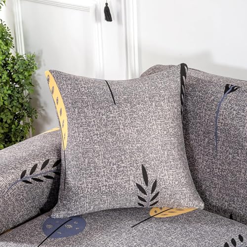 Image of TONY STARK Sofa Cover One 3 Seater and Two 1 Seater Fully Covered Universal 5 Seater for Living Room Non-Slip Sticky Elastic Stretchable Sofa Set Slipcover Protector (3+1+1 Seater, Grey Mustard Leaf)