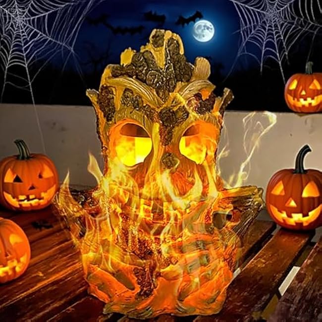 Halloween Decoration Solar Light Outdoor Garden Statues Waterproof Tiki Decor Tree Stump on Fire Halloween Figurine Light Large Solar Flickering Flame Light for Table Yard Garden Patio Pathway Holiday