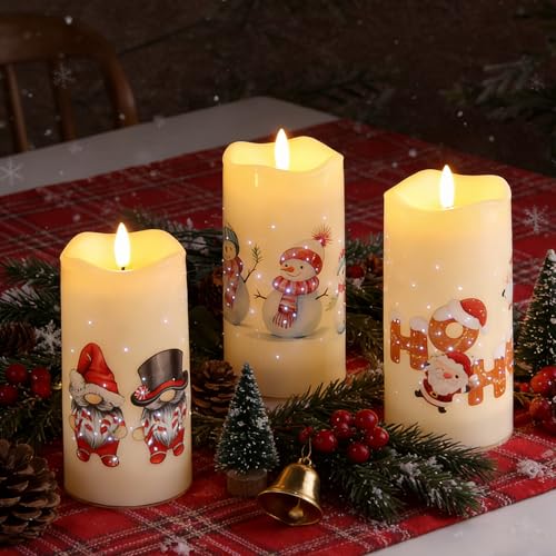 Image of Eywamage Christmas Fiber Optic Flameless Pillar Candles with Remote, Santa Snowman Gnomes LED Battery Candles Holiday Winter Decor Set of 3