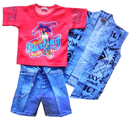 Image of Baby Boy T-shirt Shorts Pants and Jacket Denim Jeans Dress Clothing Set for Kids (Print Designs May Vary)
