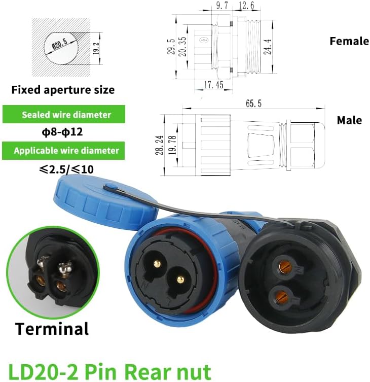LD16 LD20 Connector Male Plug and Female Socket 2/3/4 Pin Panel Mount Wire and Cable Connectors(LD20 Rear nut,4P)