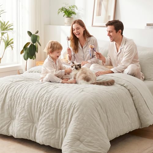Image of CozyLux Oversized King Comforter Set with Sheets, 7 Pieces 120 inchx98 inch Oatmeal Seersucker Bed in a Bag, Luxury Soft Bedding Sets with Down Alternative Comforter, Sheets, Pillowcases & Shams All Seasons