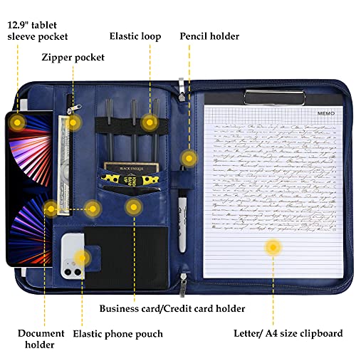 Image of ProCase Portfolio Business Padfolio Folder with Zipper -Navy | Conference Meeting Executive File Legal Document Organizer with Pockets Letter Size A8 Writing Pad Notepad Padfolio