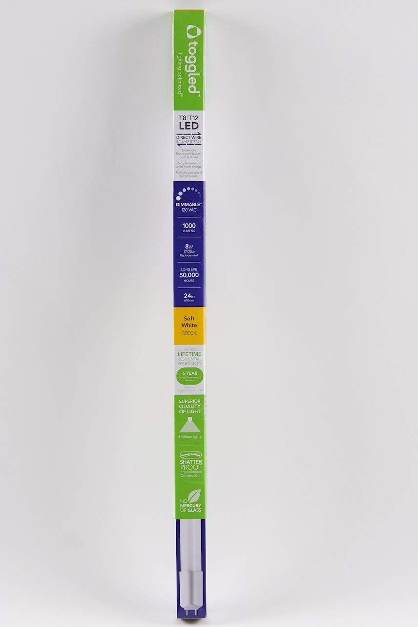 TOGGLED D208-30321-1 D-Series, (Dimmable) 120 VAC, T8/T12 Direct-Wire LED Tube, 3000K (Soft White), 2 ft./24"