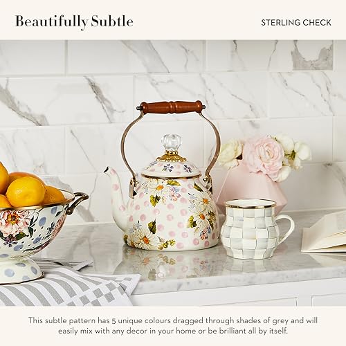 Image of MACKENZIE-CHILDS Enamel Mug, Cute Enamelware Coffee and Tea Mug, Unique Drinkware, 16 Ounces, Gray-and-White Sterling Check, Set of 1 (Pack of 2)