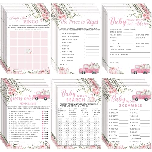 Jetec 302 Pcs Baby Shower Games 6 Games 50 Sheets Each Word Scramble Word Search Predictions and Advice Price Right Guess Game(Pink Pumpkin)
