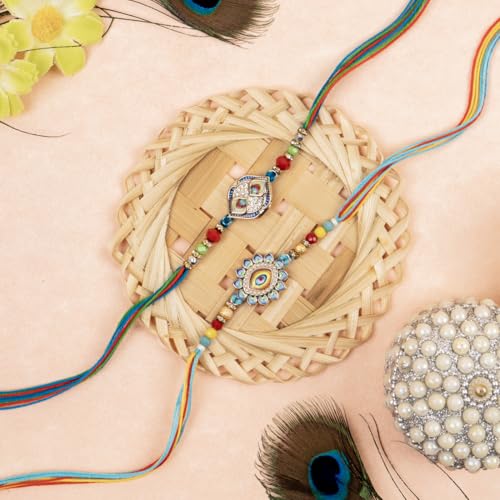 Image of Traditional Handmade Beaded Rakhi For Raksha Bandhan| Hand Bracelet For Brother| Wrist Band For Bhaiya & Bhabhi | Trendy Combination Designs Protective Thread Combo-Set Of 2