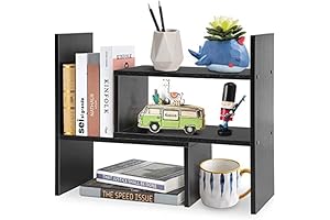 Small Wood Adjustable Desktop Bookshelf, Expandable Desktop Storage Organizer for Office Supplies