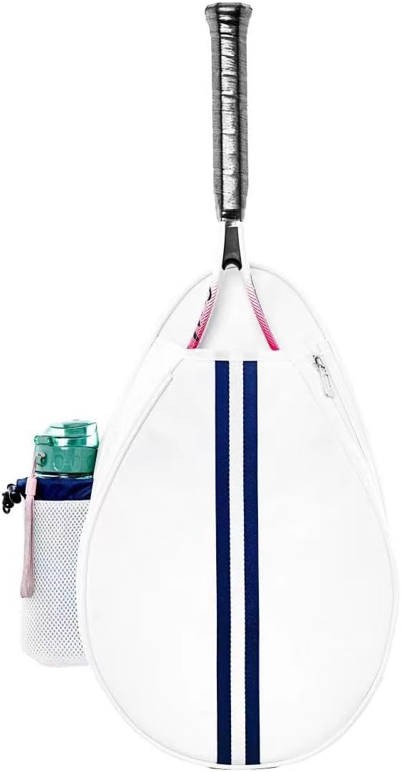 White PU One Shoulder Crossbody Tennis Backpack Girls Tennis Bag Tennis Racket Sling Bag for Women, with Water Bottle Holder