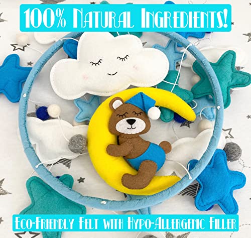Handmade Felt Baby Boy Mobile For Crib With Sleeping Teddy Bear And An Array Of Stars And Clouds (Blue/Teal) #TOP4