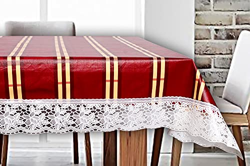 Image of The Furnishing Tree Waterproof PVC Rectangle Shaped 12 Seater Table Cover WxL 60x140 inches Plaid Pattern Red with White Border lace