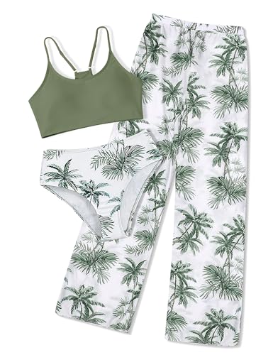 Image of NECIOUS Girls Swimsuit, 3 Piece Bikini Bathing Suit Tropical Floral Swimwear with Cover Up Pants 7-16Y