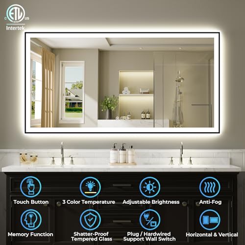 Image of 60x40 Inch LED Bathroom Mirror with Lights (Front Lit and Backlit) Black Framed Lighted Vanity Mirror for Bathroom Wall Dimmable Anti-Fog Memory Tempered Glass Horizontal /Vertical