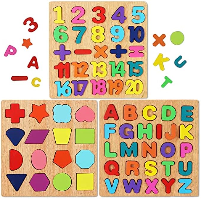 Wooden Puzzles for Toddlers, 3 in 1 Wooden Peg Puzzle Set Wooden Alphabet ABC Number Shape Puzzles Board Toddler Preschool Learning Toys for Kids Ages 2-4 Boys and Girls