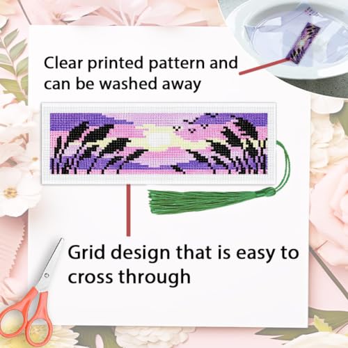 Image of ACRNIGHEET 6PCS Cross Stitch Bookmark Kit for Beginner Stamped Cross Stitch Kits for Adults Horizontal DIY Tassel Embroidery Bookmark Kits Needlepoint Kit with Instructions Craft Gift 8.5''x3'' 11CT