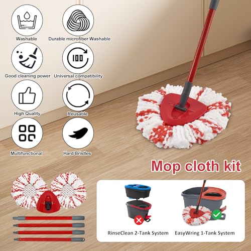 Image of Mop Replacements Heads &Handle and Base Combo Set Compatible with Ocedar EasyWring Spin Mop Refills , 2 Microfiber Head Replace, 4-Section Iron Stick 30-58in and 1 Base