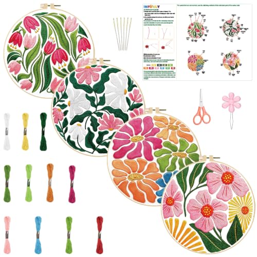 Image of INFUNLY 6Pcs Vintage Floral Embroidery Kit 12 Inch Round Wild Daisy Flower Embroidery Kits with Hoop Floss Needle for Botanical Decor Matisse Art Lovers DIY Gift