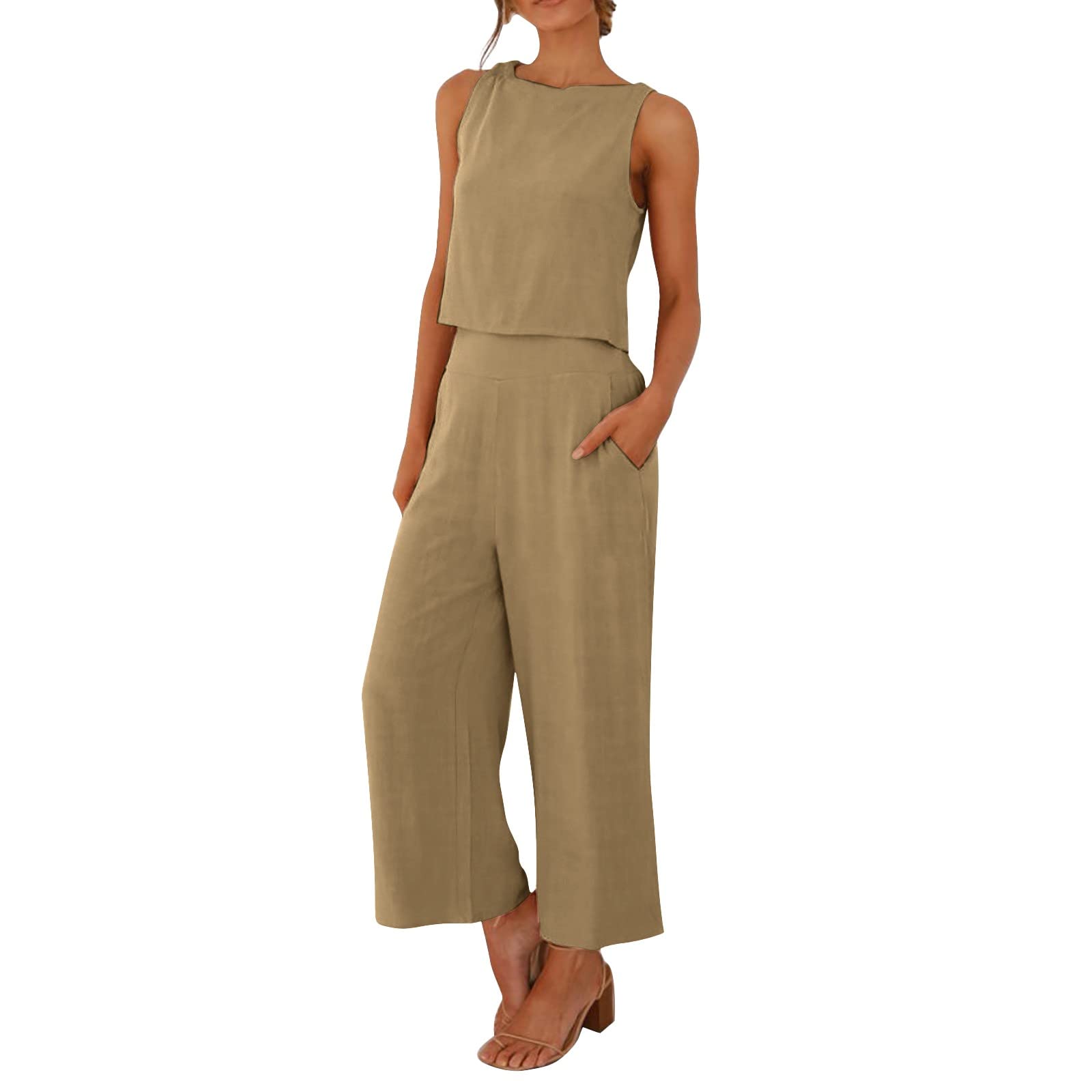 PODOLIXIA Conjunto de pantalones de verano y camiseta de tirantes para mujer, de lino, 2 piezas, pantalón de nueve puntos con pierna ancha, informal, monocolor, traje de ocio, conjunto de cuello
