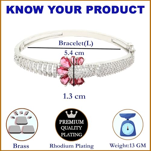 Image of ZENEME Rhodium-Plated Square Shaped American Diamond Studded Kada Bracelet For Girls and Women