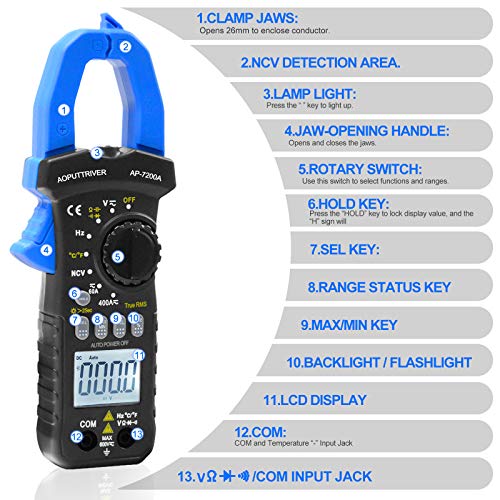 Digital Clamp Meter Multimeter Ap-7200A True Rms Clamp Multimeter 1999 Counts For Measure Dc Ac Voltage Current Resistance Diode Test With Ncv, Continuity Buzzer, Data Hold, Backlight #TOP1