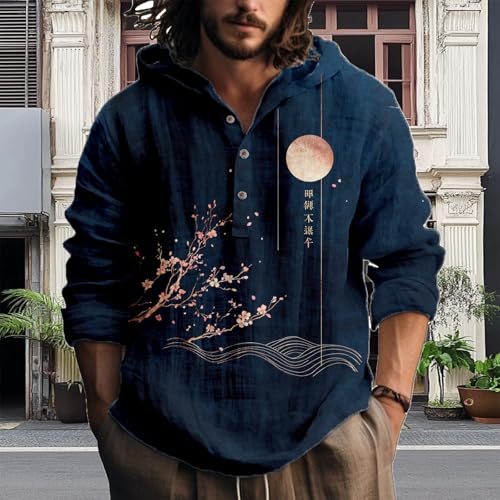 Hooded Long Sleeve Shirt Men Cool Button Up Hoodie Hippe Sweatshirt Casual Artsy Light Weight Shirts3