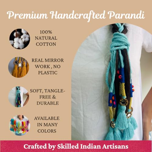 Image of Zippy Flora Neelima Handmade Boho Parandi (Sky Blue) | Traditional Punjabi Cotton Paranda Hair Accessory with Braid Tassels | Women's Ethnic Hair Extension for Choti, Braids & Patiala Shahi Hairstyles