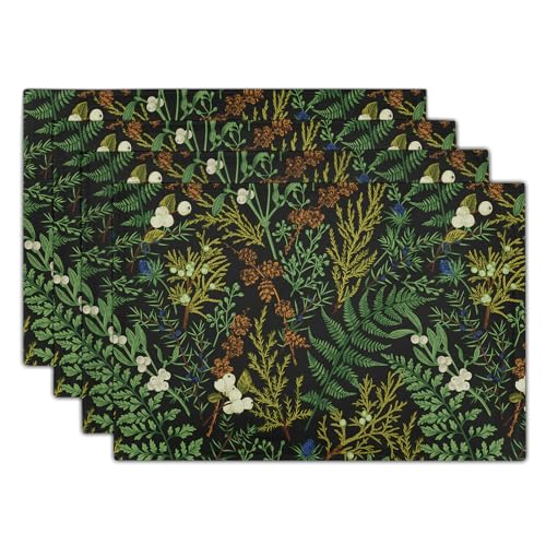 Aportt RECTANGLE PLACEMATS Green Leaves Placemats Set Of 4 Botanical Fern Leaf Floral Place Mats Washable Kitchen Dining Spring Summer Black Linen Table Mats Stain Heat-Resistant cover