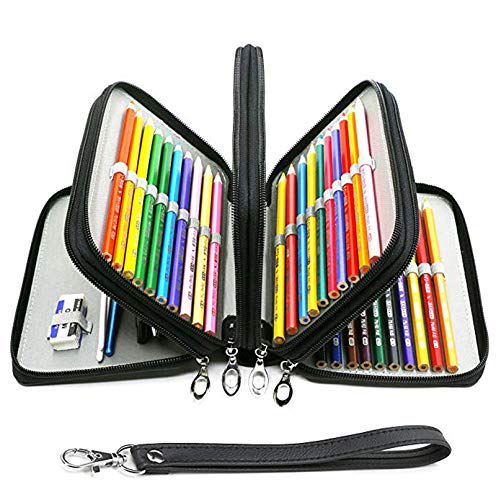 Youshares 72 Slots Pencil Case - Pu Leather Handy Multi-Layer Large Zipper Pen Bag With Handle Strap For Colored / Watercolor Pencil (Black) #TOP13