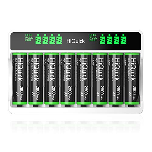 HiQuick Rechargeable AA Batteries 2800mAh 1.2V NiMH 8 Counts with 8 Bay AA AAA Battery Charger for Ni-MH Ni-CD Rechargeable Batteries