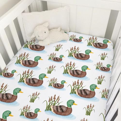 Image of Cartoon Mallard Duck Lake Leaves Baby Crib Sheet 52''x28'' Duck Hunting Reeds Stretchy Fitted Crib Mattress Sheet for Boy Girl Wild Duck Soft Nursery Bed Sheet for Standard Crib and Toddler Mattress