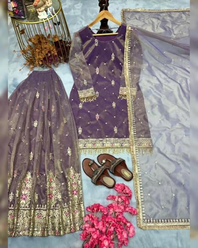 Image of Women's Designer Sharara Suit Set, Purple Silk with Zari Embroidery, Traditional 3-Piece Ethnic Wear