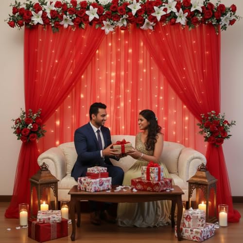 Image of Party Propz Red Backdrop Decoration - 3Pcs, Backdrop Cloth for Decoration Pooja, Pooja Background Decorations Items, Wedding and Haldi Decorations, Red Curtain for Anniversary Decor(Net Mix)